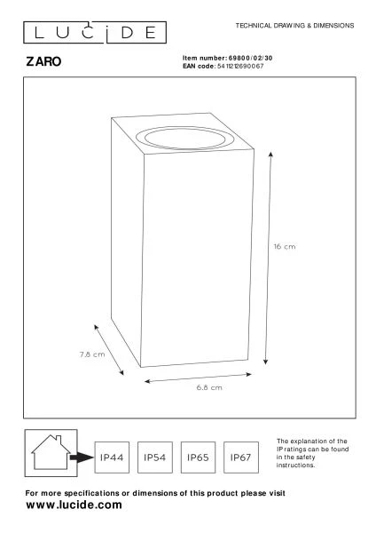 Lucide ZARO - Foco de pared / Lámpara de pared Dentro/Fuera - 2xGU10 - IP44 - Negro - técnico